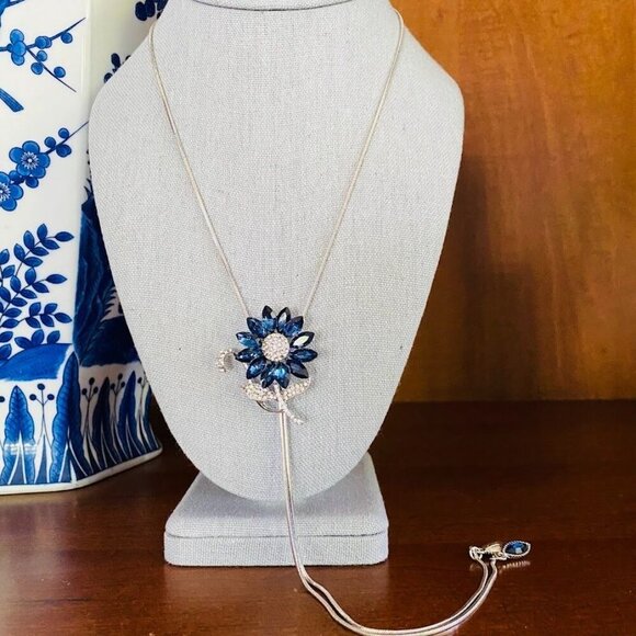 Bling Queen CZ Simulated Sapphire Sunflower Sliding Pendant Necklace - Picture 7 of 9